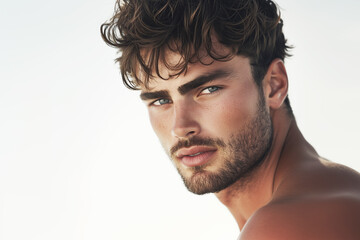 Male beauty concept. Close up portrait of charismatic handsome 30-year-old man standing over white background. Perfect haircut. Commercial advert style. Copy-space. Studio shot