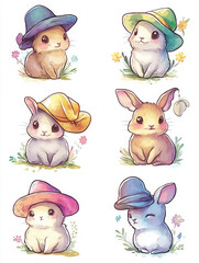 bunny rabbit hat cute animal spring floral nature cartoon illustration adorable whimsical easter baby animals children\'s art pastel colors 