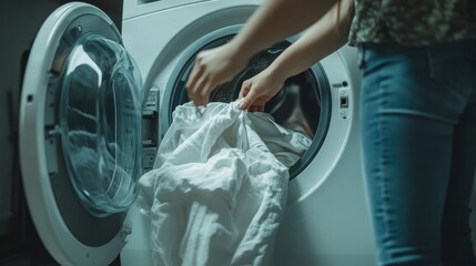 A woman is seen loading white laundry into the drum of a washing machine from the front. putting dirty clothes in the washer