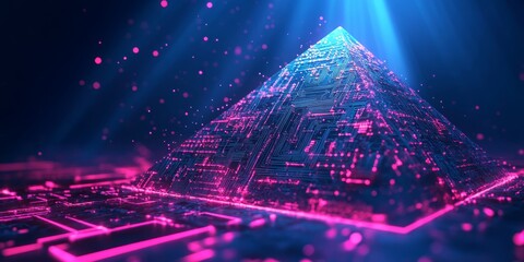 Poster - A breathtaking and visually stunning 3D representation of a pyramid constructed entirely from digital elements, highlighting cuttingedge technology along with sophisticated data analysis techniques