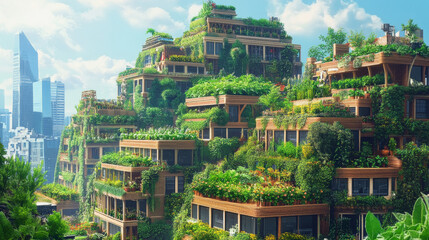 Illustrate community gardens and urban farms with organic food, featuring vertical farming or hydroponics for sustainable solutions.