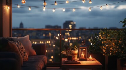 Wall Mural - Gorgeous home's rooftop terrace offering a view of the city at night. A view of the quaint outdoor patio illuminated by lanterns and string lights