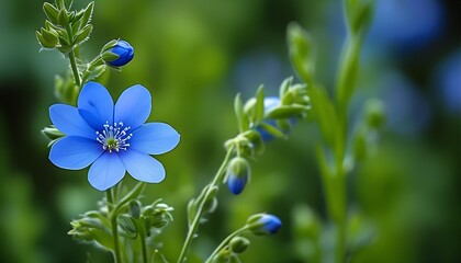 Wall Mural - A blue flower looks particularly bright against the green plants, showing a vibrant natural scene.