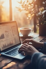 Evening Productivity: Hands Typing on Laptop SurroundedCharts, Coffee, and Progress