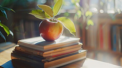 A close-up of a stack of textbooks with a shiny apple on top.