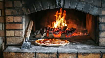 Wall Mural - a traditional oven that bakes and cooks pizza with a shovel. Wood in the oven being burned. oven that burns wood. an image of a pizza oven burning bricks