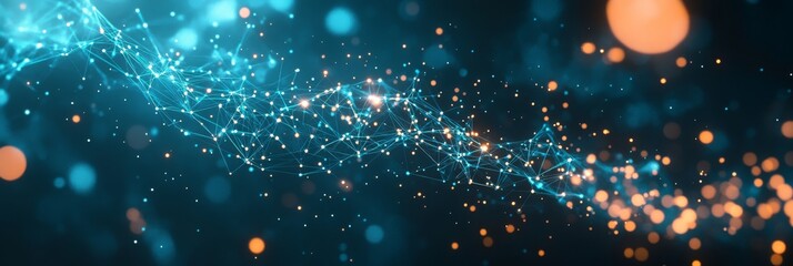 Poster - This piece presents a modern abstract view of cyberspace, with vibrant blue and yellow glowing elements highlighting the intricate connections of data and technology in the digital landscape