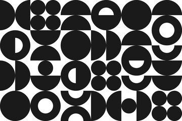 Aufkleber - Black and White Geometric Mosaic seamless Pattern. Half Circle Rings Shapes ornament. Abstract Modern monochrome Background. Template for cover, wallpaper, packaging, textile print