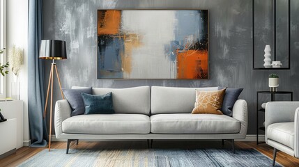 Wall Mural - Contemporary cozy couch and artwork by wall in living space. Interior decoration