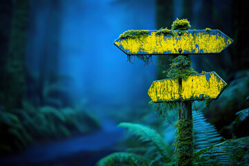 A faded yellow wooden signpost with two blank arrows, covered in green moss, stands in a dark and mysterious foggy forest, creating a sense of uncertainty and mystery. Generated with AI.