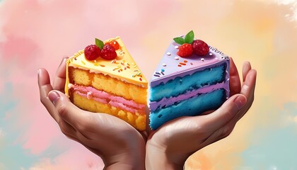 Wall Mural - Holding a colored cake in each hand, the background is soft, giving people a warm and pleasant feeling.