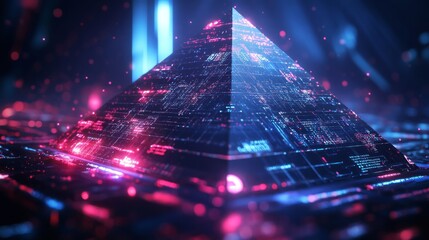 Poster - A captivating 3D pyramid design vividly features advanced HUD technology, showcasing intricate futuristic data reporting along with comprehensive analysis set within a dynamic digital landscape