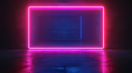 Wall Mural - Futuristic sci fi elegant modern neon glowing rectangle frame shaped lines tubes purple pink blue colored lights in dark empty grunge concrete brick room background 3d rendering. Neon. Illustration