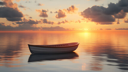 Wall Mural - boat on the lake with sunset in the background