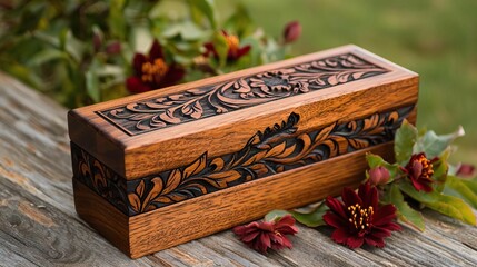 Custom wooden keepsake box with engraved design, rustic finish, 3D illustration