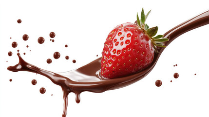 Fresh strawberry dipped in flowing dark chocolate on white background