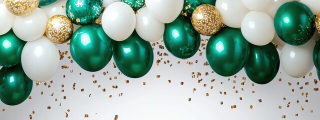 green balloons floating upwards, silver metallic ribbons swirling, minimal white background, celebration party atmosphere, 3D render
