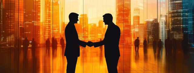 Corporate business leaders, silhouettes shaking hands, handshake deal, blurred people background, professional cityscape, glass high-rise buildings, blazing orange sunset, evening sky