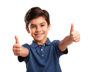 Smiling boy showing thumbs up. Cheerful child, positive gesture, transparent background.