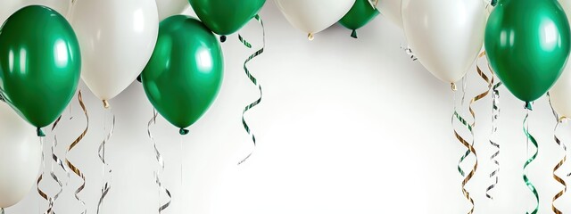 green balloons floating upwards, silver metallic ribbons swirling, minimal white background, celebration party atmosphere, 3D render
