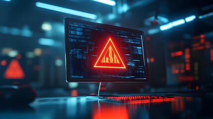 Poster - A digital warning screen displaying a red hazard symbol, symbolizing cybersecurity threats and alerts in a tech environment.