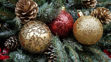 Festive Ornaments on Evergreen Branches