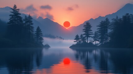 Wall Mural - Serene sunrise over misty mountain lake, tranquil