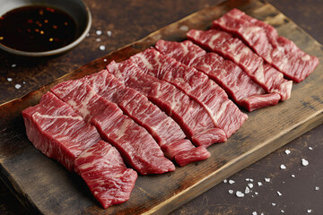 Thinly sliced raw beef on a wooden board with sea salt sprinkled and a dipping sauce bowl in the background, showcasing a premium cut for grilling or steak preparation.