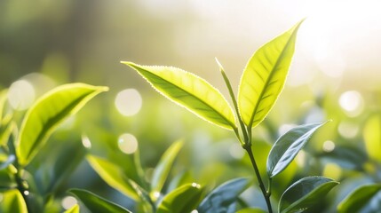 Sticker - Fresh Green Tea Leaves in Morning Light