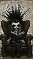 A hand-drawn cartoon girl in a witch costume reading a book, featuring dark-themed Halloween elements, set against a black isolated background.