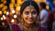 © Wabisabi - Una felice ragazza indiana immersa nel caldo bagliore delle celebrazioni del Diwali, vestita con gli abiti tradizionali e adornata da luci calde e dorate