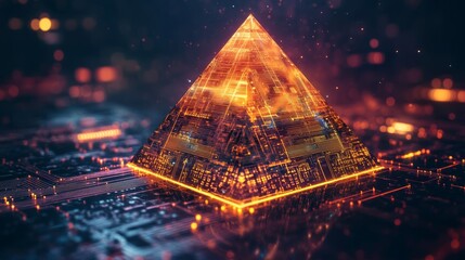 Poster - An intricate 3D pyramid model showcasing advanced technology, intertwining CG data analysis with glowing elements and immersive digital landscapes that captivate viewers imagination