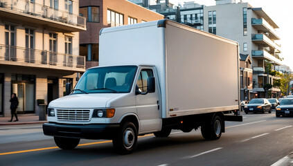 White modern delivery small shipment cargo courier van moving fast on motorway road to city urban suburb. Business distribution and logistics express service. Mini bus driving on highway on sunny day.