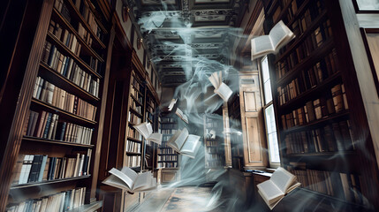 Ghosts haunt library shelves as books fly off, creating a mysterious and eerie scene.