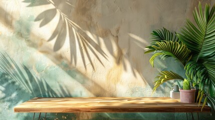 Poster - Wooden table with tropical plant against interior wall for displaying products.