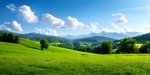 A serene landscape featuring lush green fields, rolling hills, and distant mountains under a clear blue sky with fluffy white clouds.