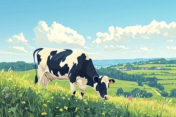 Black and white dairy cow is grazing on a lush green hillside with a picturesque village in the distance. The idyllic scene evokes tranquility and the beauty of rural life