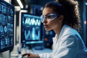 scientist in a lab coat and safety glasses analyzing data on a computer in a modern laboratory, show