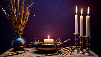 composition, festive ritual, on a silver tray: the combination of lighted and unlit candles in a gre