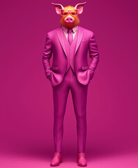 Wall Mural - A whimsical and abstract portrait featuring a pig dressed in a sleek, modern business suit, standing upright on two legs. This minimal illustration creatively blends animal charm with human sophistica