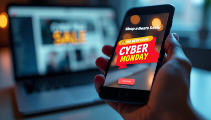 Realistic design featuring a close-up of a hand holding a smartphone with a 'Cyber Monday' sale notification displayed on the screen