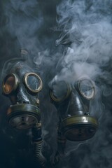 two gas masks emitting smoke, illustrating environmental pollution the need for cleaner air