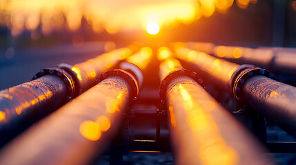 Sunset shines on industrial pipes, creating a striking visual of technology and nature intersecting in a golden light.