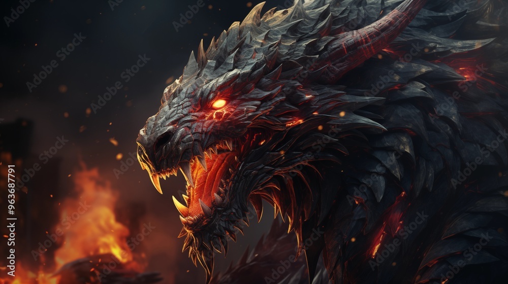 Red giant dragon breathing fire on dark background. Mythology creature ...