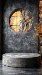 Wall Mural - An empty concrete showcase base with a circular window, highlighting an industrial and modern design atmosphere.