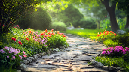 Poster - beautiful stone path with flowers around