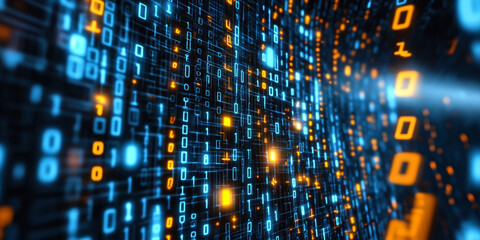  Blue binary code background with glowing lights and data flowing, technology concept	