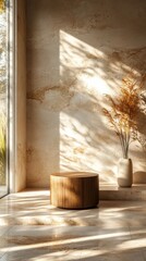 Wall Mural - A modern empty tile podium in a bright space with natural light, decorated with a single vase and plant, ideal for marketplaces.