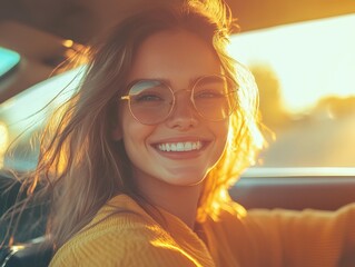 Wall Mural - Smiling woman in glasses drives a car during sunset