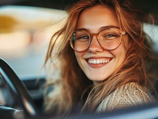 Wall Mural - Smiling young woman with glasses sitting in a car during sunset